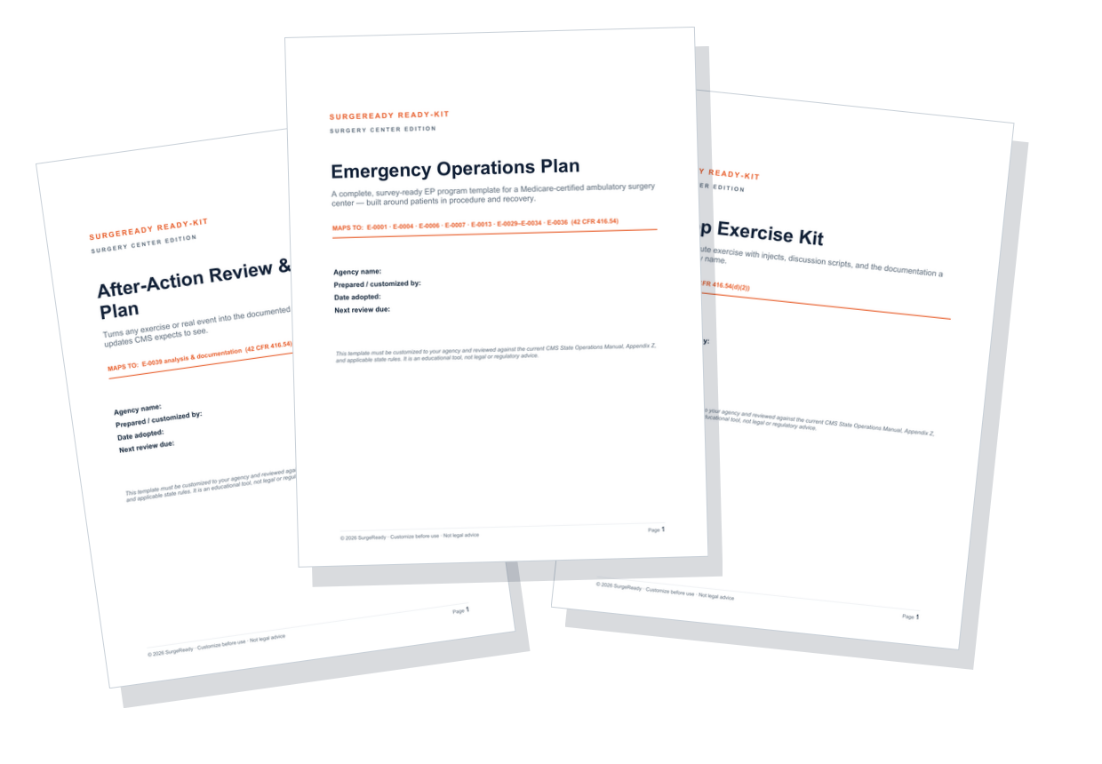 Three printed documents from the surgery center kit fanned out: the Emergency Operations Plan, the Tabletop Exercise Kit, and the After-Action Review & Improvement Plan, each with the SurgeReady Ready-Kit Surgery Center Edition cover design